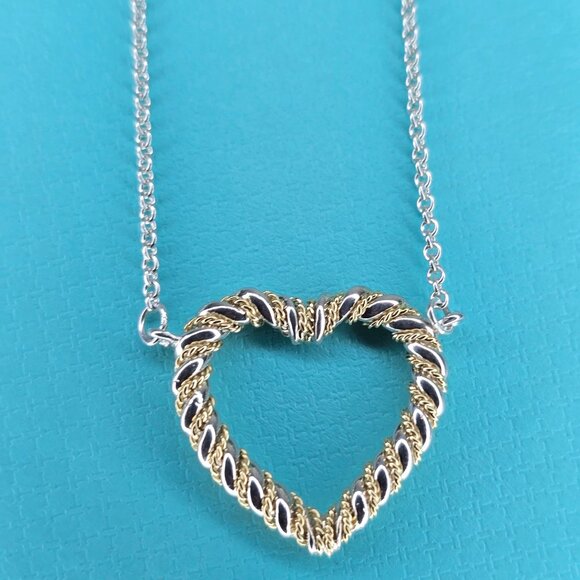TIFFANY & Co. Twist Open Heart Pendant 18K Gold on a 16" Sterling Silver Chain - Picture 1 of 6